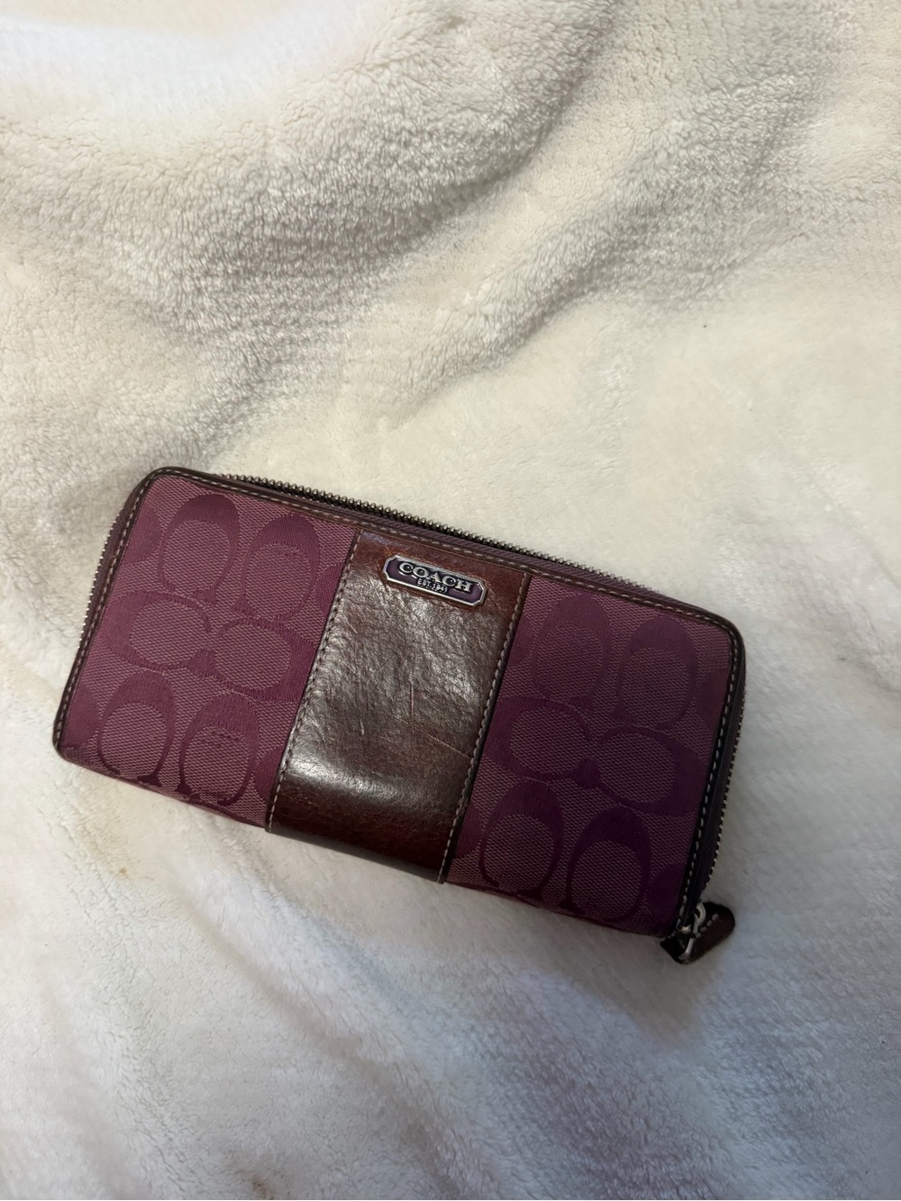 Coach Signature Zip Around Wallet Purple Plum Jacquard Leather